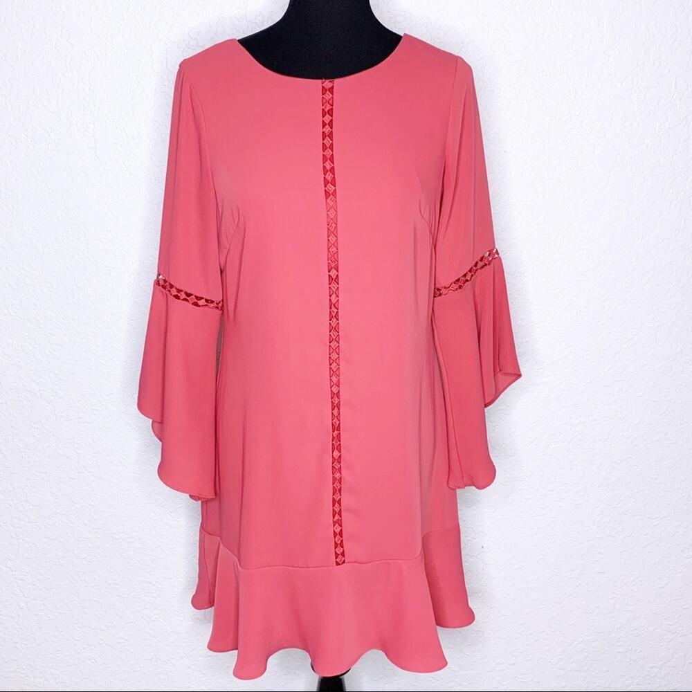 WHBM salmon pink crochet lace trim bell sleeve ruffle dress size 8